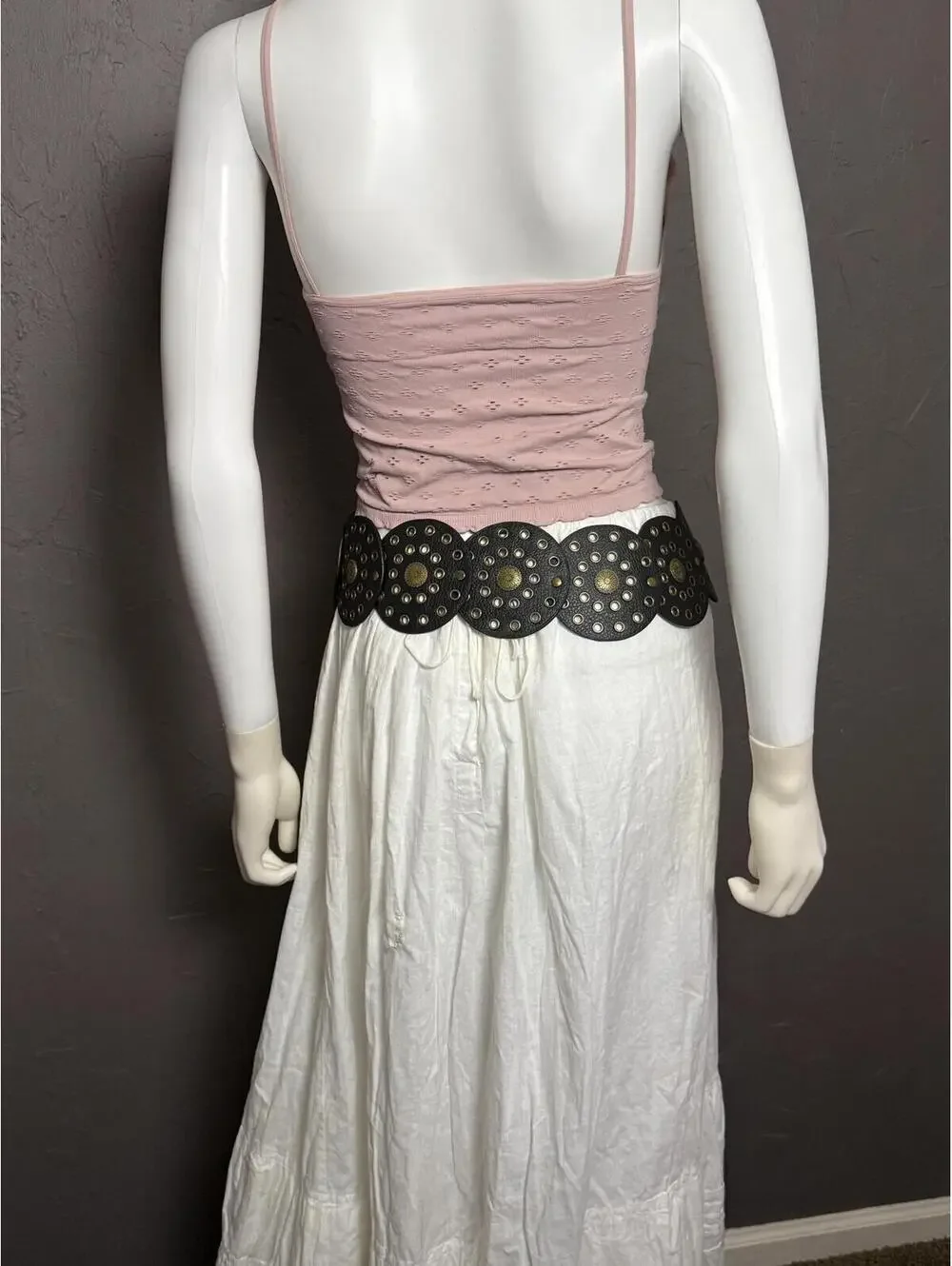 Vintage Y2K Statement Belt Black Disc + Brass Buckle and Grommet L/XL Hip Belt